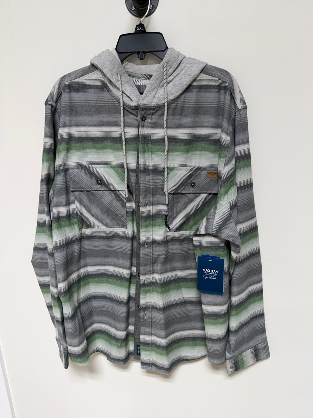 Magellan Outdoors Gray & Green Hooded Flannel Shirt Jacket